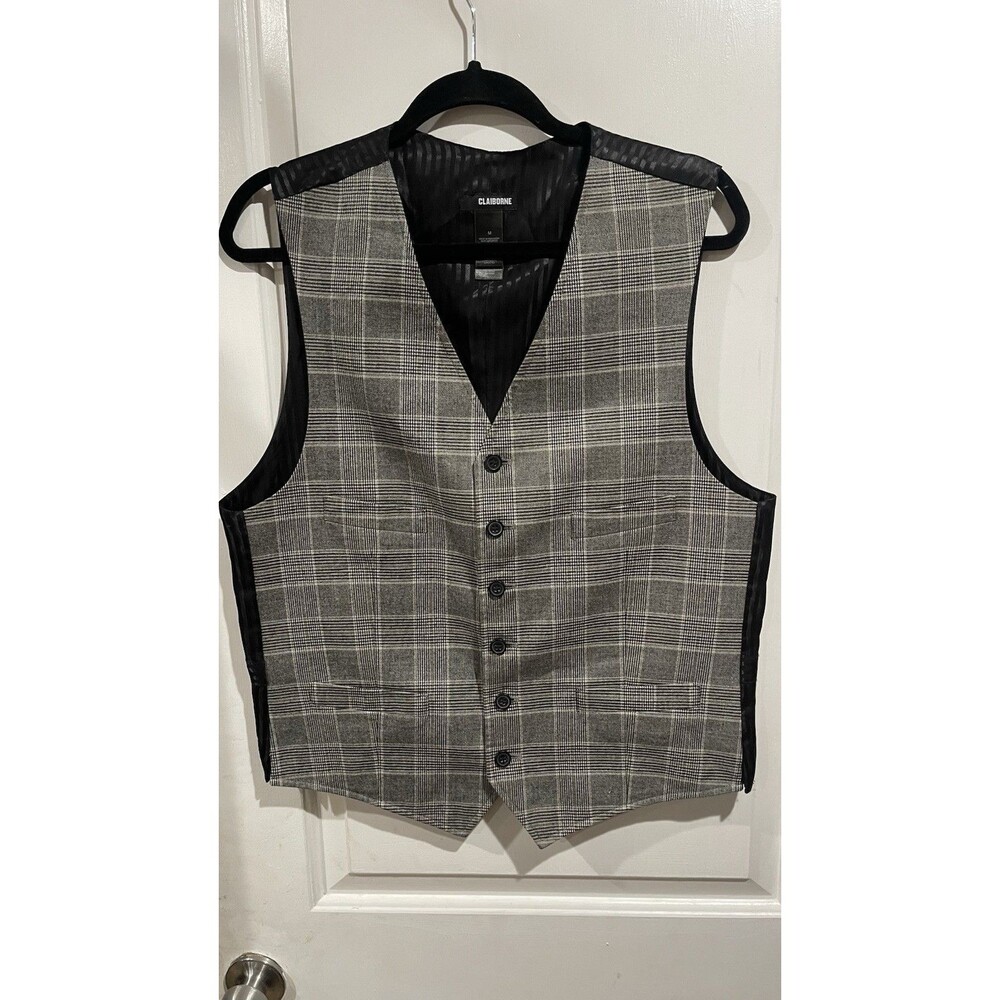 Claiborne Men’s Medium Gray Plaid Suit Vest 6 Button Adjustable Back Formal